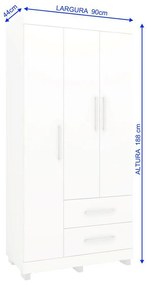 Roupeiro Guarda Roupa 3 Portas Prateleiras 2 Gavetas Branco