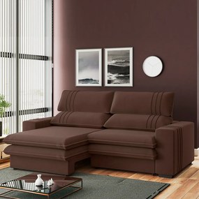 Sofá 2 Lugares Retrátil Noruega 230 cm Veludo Marrom Pés Tabaco K01 - D'Rossi