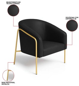Poltrona Sala Industrial Alta Dourado Stella Sintético PU D03 - D'Rossi - Preto