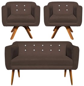 Kit 01 Namoradeira 02 Lugares e 02 Poltronas Giratória Julia Suede Marrom com Strass Base Madeira MM30 D'Rossi