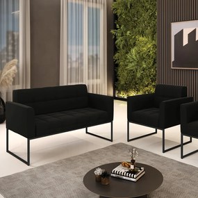 Kit 1 Sofá Namoradeira e 1 Poltrona Elisa Suede Base Metálica Industrial Preto - D'Rossi - Preto