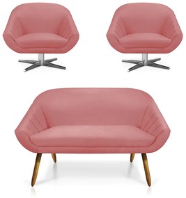 Kit 01 Namoradeira 02 Lugares e 02 Poltronas Giratória Giovana Suede Base Cromada - D'Rossi - Rose