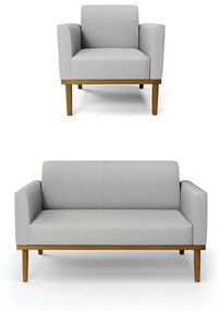 Conjunto Poltrona e Namoradeira Decorativa Isabella Pés Fixo em Madeira Castanho Linho Cinza G19 - Gran Belo