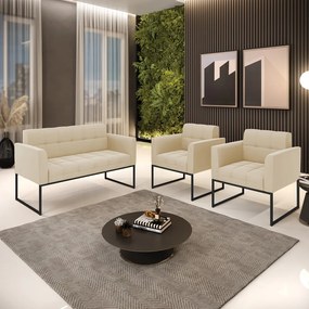 Kit 1 Sofá Namoradeira e 2 Poltronas Elisa Suede Bege Base Metálica Industrial Preto - D'Rossi