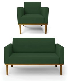 Sofá Namoradeira com Poltrona Base de Madeira Fixa Castanho Marisa Veludo D03 - D'Rossi - Verde