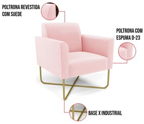 Poltrona Base X Industrial Dourado Marisa Suede - Rosa Bebê