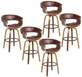 Kit 05 Banquetas para Cozinha Giratória Brenna Base Madeira PU Sintético Marrom G56 - Gran Belo