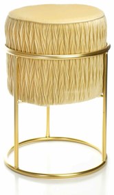 Puff Banqueta Decorativo Sueli Redondo Veludo Bege Base Metálica Dourado 38x30 cm - D'Rossi