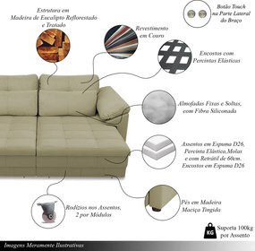 Sofá Retrátil Elétrico Sala de Estar Nolan Bipartido 332cm Conforto Premium em Couro Fendi G58 - Gran Belo