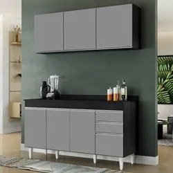 Armário Aéreo Argélia e Balcão Gabinete 150cm Marrocos Preto/Cinza - L