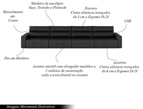 Sofá Retrátil 6 Lugares 444cm 4 Módulos Nero com USB Couro Preto G52 - Gran Belo