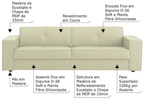 Sofá 3 Lugares Sala de Estar Pés Madeira Laus 208 cm Couro Off White G43 - Gran Belo