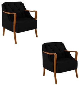 Kit 2 Poltronas Decorativas Braços em Madeira Hand Veludo Preto G45 - Gran Belo