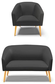 Sofá Namoradeira e Poltrona Pé Palito Natural Stella Sintético D03 - D'Rossi - Preto