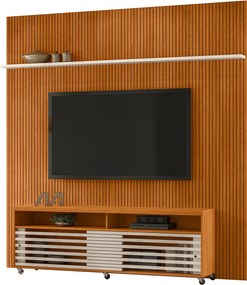 Painel TV 75 Pol 238cm Ripado Kalven com Rack Bancada Nerion M20 - D'Rossi - Cinamomo(fosco)/Off White(brilho)
