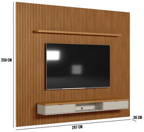 Painel para TV até 75 Polegadas Ripado Marisa com Nicho Bancada Nature e Off White 297x250 cm L04 - D'Rossi