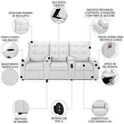 Poltrona de Cinema Reclinável 3 Lugares Baú USB Mallie FH9 PU Branco -