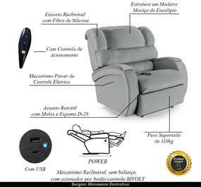 Poltrona do Papai Sala de Cinema Reclinável Kylie Controle Power Elétrico USB PU Cinza G23