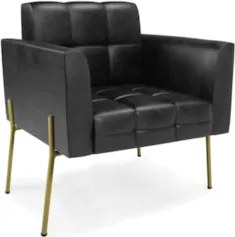 Poltrona Sala Pé Metal Dourado Kit 2 Ana Sintético PU Preto - Ibiza