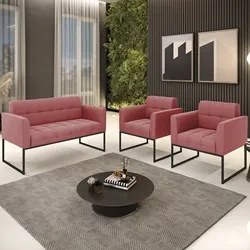 Sofá Namoradeira e 2 Poltronas Base Industrial Preto Ana Suede Rosê -