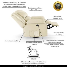 Poltrona do Papai Reclinável Sala de Cinema Madrid Glider Manual Giratória PU Bege  G23 - Gran Belo