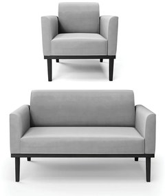 Conjunto Poltrona e Namoradeira Decorativa Isabella Pés Fixo em Madeira Preto Suede Cinza G19 - Gran Belo