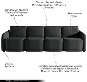 Sofá Cama Modulado Retrátil e Reclinável Decorativo Varsóvia 396cm Veludo Cinza Chumbo G33 - Gran Belo