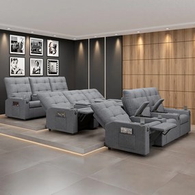 Poltrona do Papai Reclinável Sala de Cinema Movie 3 Lugares Manual Baú USB Linho Cinza