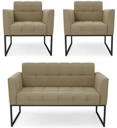 Sofá Namoradeira e 2 Poltronas Base Industrial Preto Ana Suede Marrom