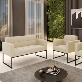 Kit 1 Sofá Namoradeira e 1 Poltrona Elisa Suede Base Metálica Industrial Preto - D'Rossi - Bege