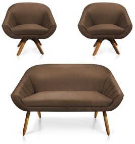 Kit 01 Namoradeira 02 Lugares e 02 Poltronas Giratória Giovana Suede Marrom Base Madeira MM30 - D'Rossi