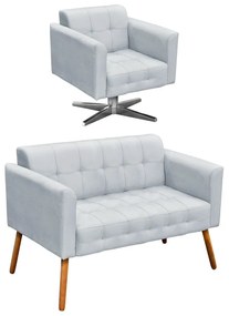 Kit 01 Namoradeira e 01 Poltrona Giratória Elisa Suede Base Estrela Cromada D'Rossi - Cinza