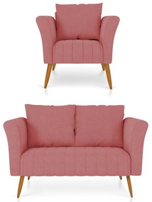 Kit 01 Namoradeira 02 Lugares e 01 Poltrona Marilia Linho Whiski Rose A106 Pés Palito Castanho - D'Rossi