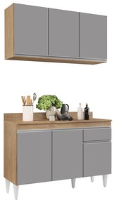 Kit Armário Aéreo e Balcão de Cozinha Lavanderia Lucy com Tampo 120 cm - D'Rossi - Castanho e Cinza