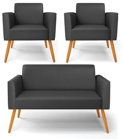 Sofá Namoradeira com 2 Poltronas Pés Palito Castanho Marisa Corino - Preto