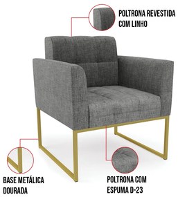 Kit 2 Poltronas Elisa Linho Base Metálica Industrial Dourado D03 - D'Rossi - A26 Grafite