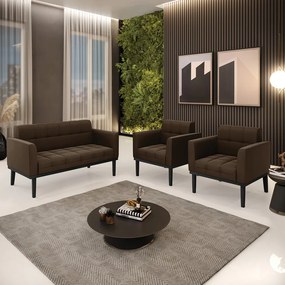 Sofá Namoradeira e 2 Poltronas Base de Madeira Preto Elisa Suede D03 - D'Rossi - Marrom