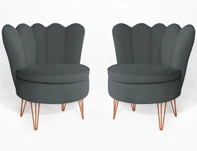 Conjunto 2 Poltrona Dália Pés Hairpin Legs Bronze Veludo Cinza Grafite