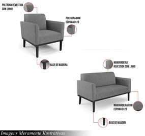 Conjunto 2 Poltronas e 1 Namoradeira Decorativa Isabella Pés Fixo em Madeira Preto Linho Cinza Mesclado G19 - Gran Belo