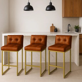 Banqueta Cozinha Alta com Encosto Industrial Kit 3 Dourado Lirina PU C05 - D'Rossi - Nozes