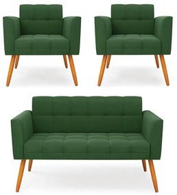 Kit 1 Sofá Namoradeira e 2 Poltronas Elisa Suede Pés Palito Castanho - D'Rossi - Verde