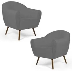 Kit 02 Poltronas Decorativas Nina Pés Palito Madeira C-416 Linho Cinza
