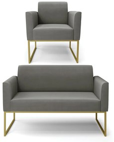 Sofá Namoradeira com Poltrona Base Industrial Dourado Marisa Suede D03 - D'Rossi - Grafite