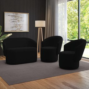 Sofá Namoradeira e 2 Poltronas Orgânica para Sala Malu Suede M11 - D'Rossi - Preto