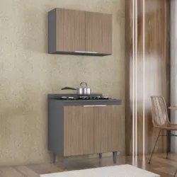 Armário de Cozinha e Balcão Cooktop Pérola Z34 Grafite/Freijó - Mpozen