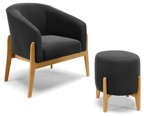 Poltrona com Puff Base de Madeira Stella Suede Preto D03 - D'Rossi