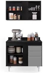 Armário Aéreo Indiana e Balcão Gabinete 100cm Luziania Preto/Cinza - L