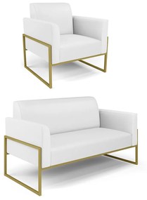 Sofá Namoradeira com Poltrona Base Industrial Alta Dourado Marisa Corino D03 - D'Rossi - Branco