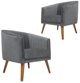 Kit 2 Poltronas Decorativas Dalia Pés de Madeira Suede Cinza - Sheep Estofados - Cinza