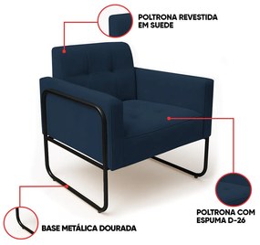 Poltrona Sala Industrial Alta Tubo Preto Elisa Suede D03 - D'Rossi - Azul Marinho